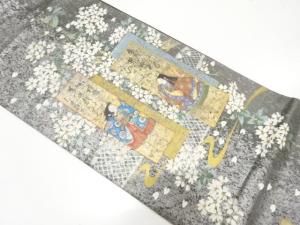手描き　桜・短冊に童子・和歌模様　袋帯